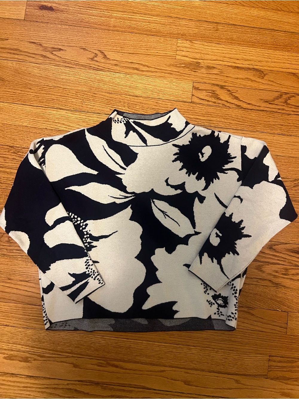Maeve Anthropologie Navy and Cream Floral mock neck Sweater